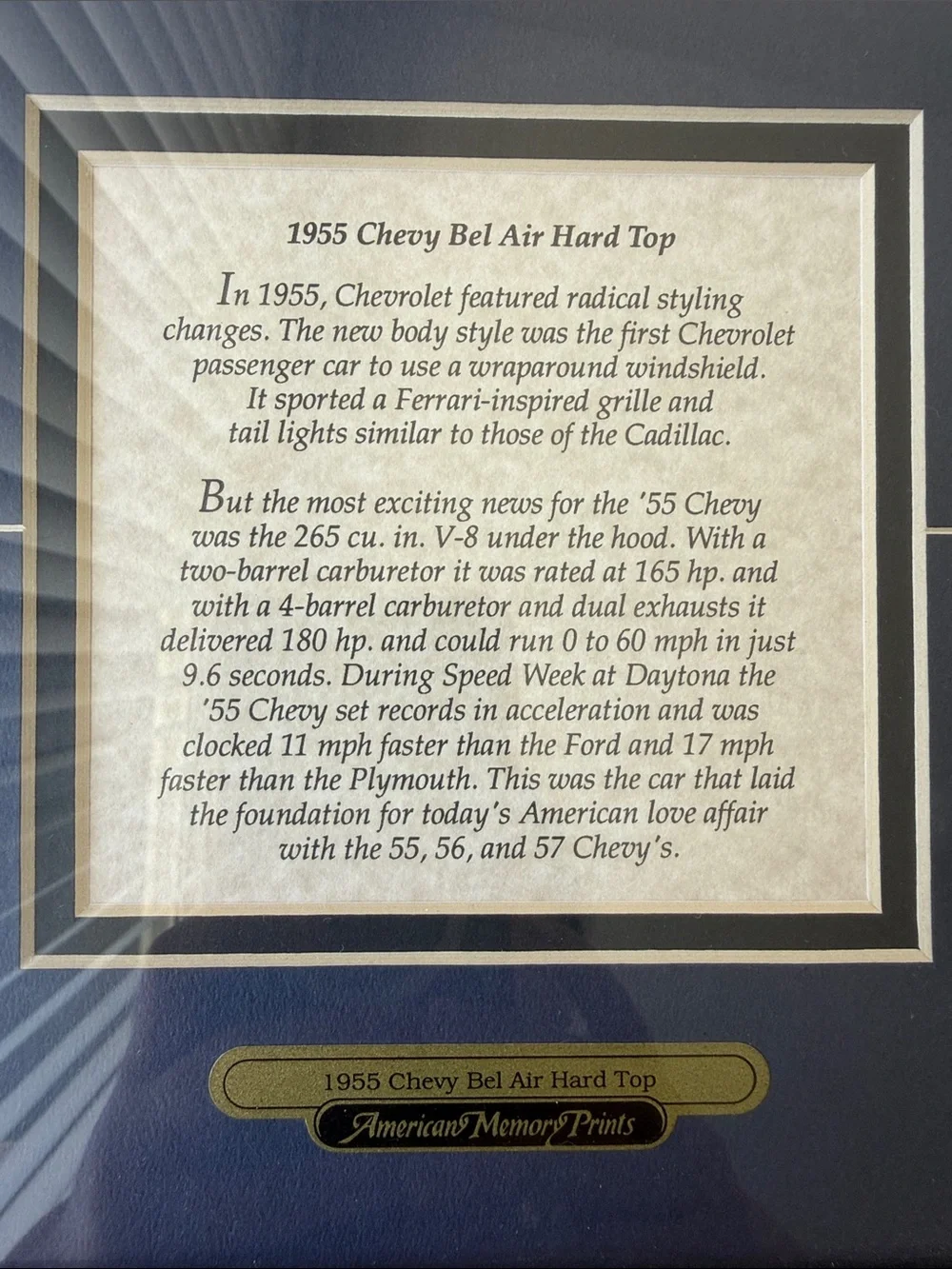 Framed Red and white Classic 1955 Chevy Bel Air Hard Top Car Wall Art Unbranded
